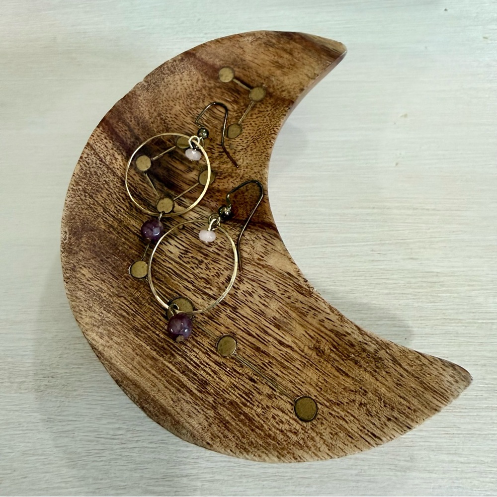✨ Gold Tone Hoop Earrings with Rose Quartz & Purple Stone Dangles ✨